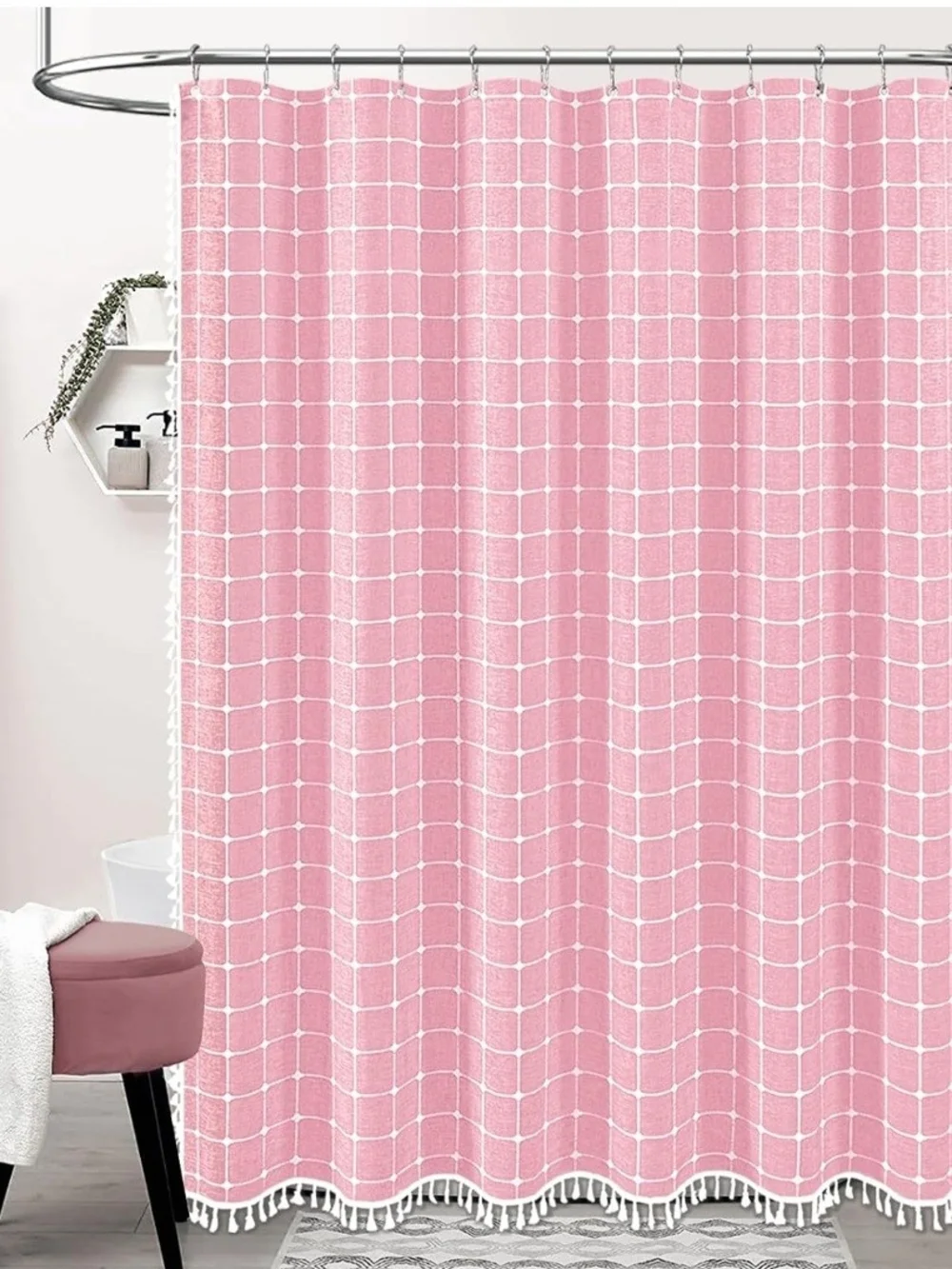 BTTN - Durable Extra-Long Bohemian Linen Shower Curtain, 72 x 96 Inches, Pink